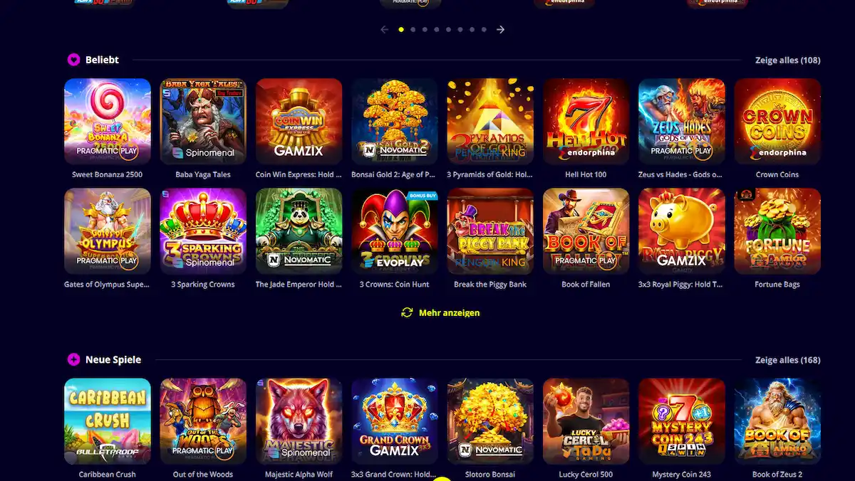 Spielelobby von Slotoro mit Slots, Tischspielen und Jackpot-Titeln